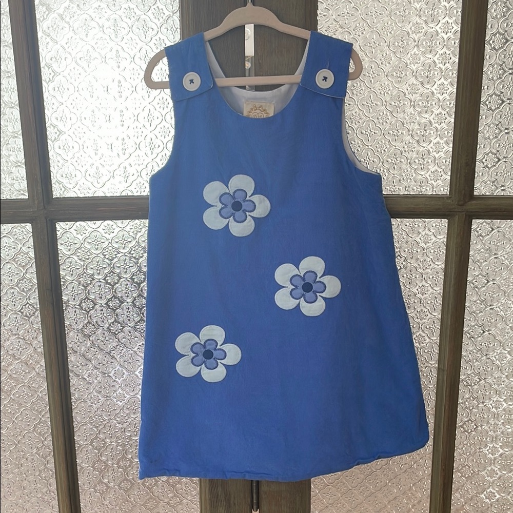 The Beaufort Bonnet Company Blue Corduroy Jumper w/ Floral Design - Girl’s SZ 6